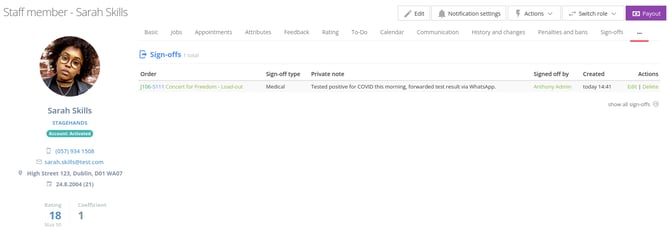 Staff member Sign offs